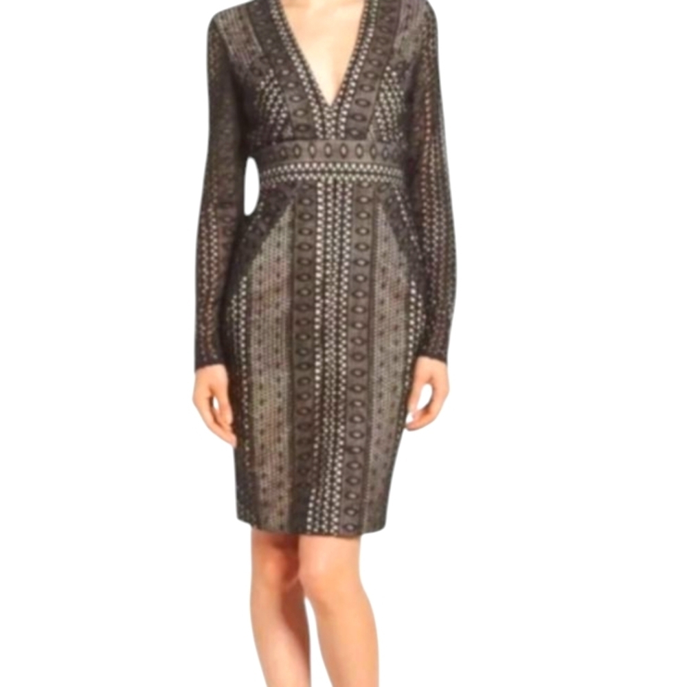 Bardot Black/nude Sheath Long Sleeve crochet V-neck Cocktail Dress NWT Sz 4 XS